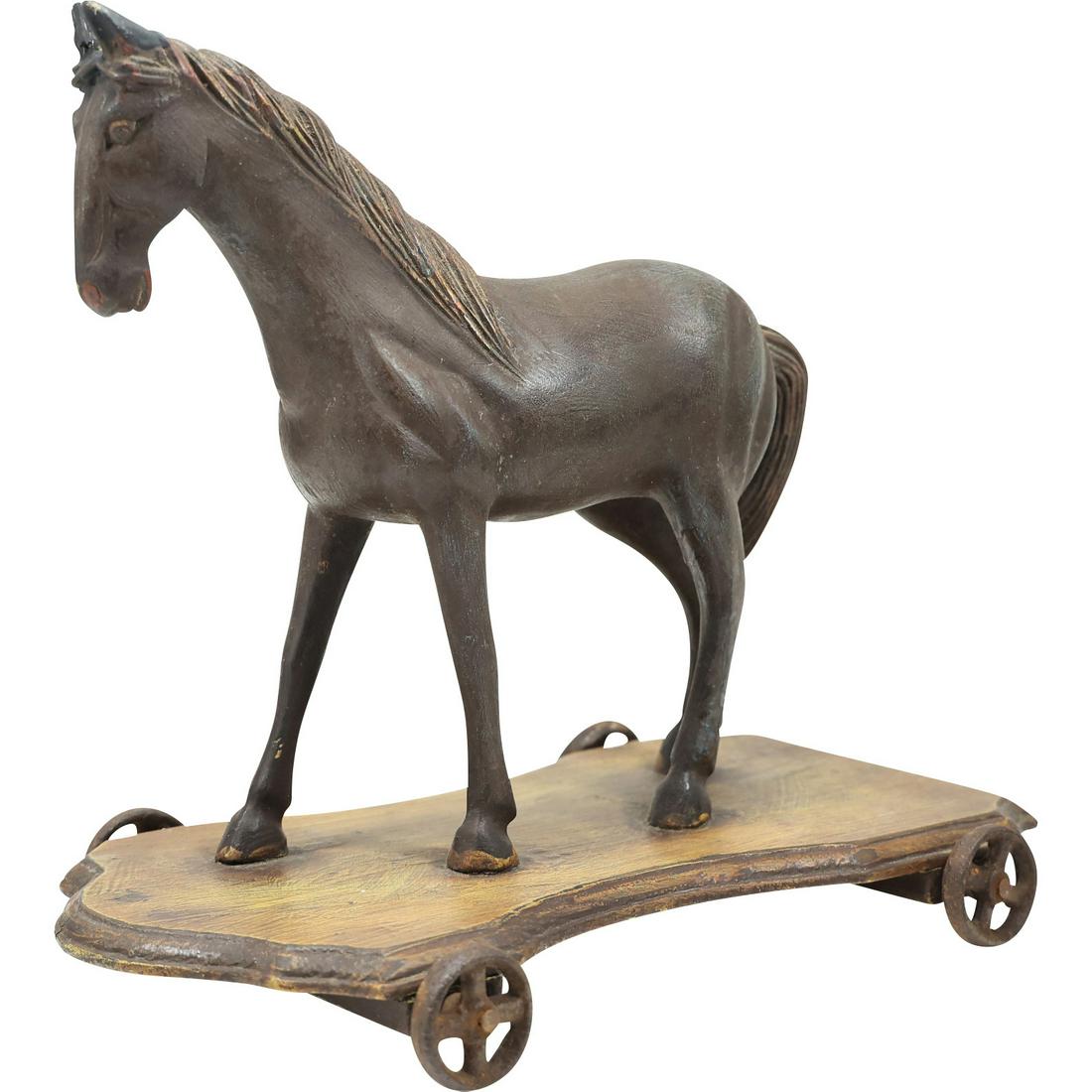Antique Carved HORSE Pull Toy with Iron Wheels (1 of 19)