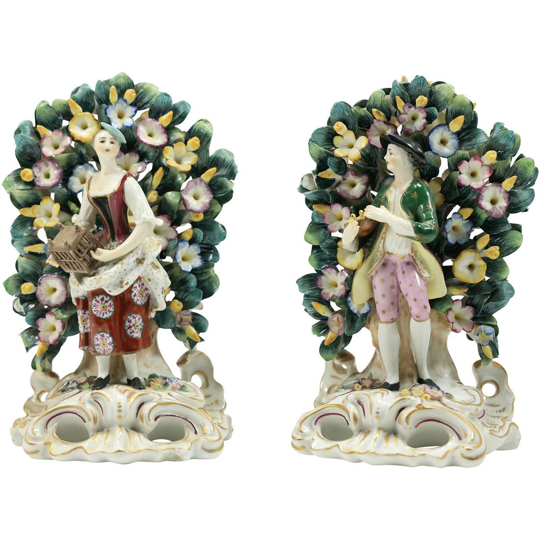 [2] 19th C. German Porcelain Man and Woman Figures in front Tree of Flowers (1 of 20)