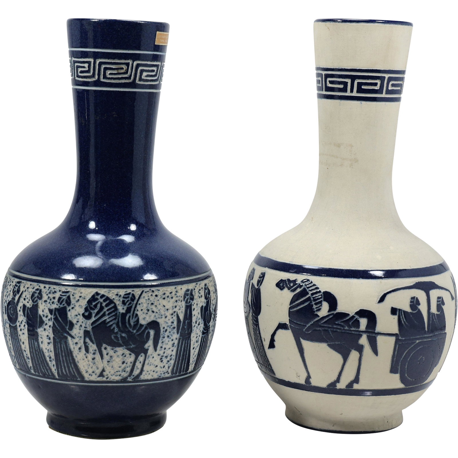 [2] Fine Porcelain Grecian Scenes Vases, Greek Key Band at Top: [2] Fine Porcelain Grecian Scenes Vases, Greek Key Band at Top. size: 13h 7w