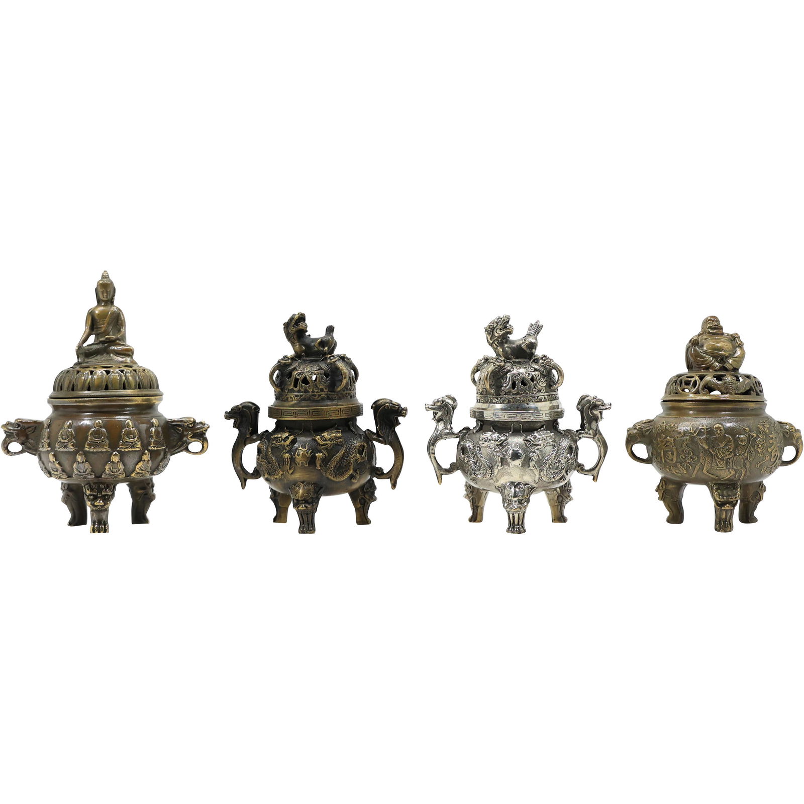Estate Collection of 4 Assorted Bronze Chinese Censors with Covered Tops, Signed on Bases (1 of 20)