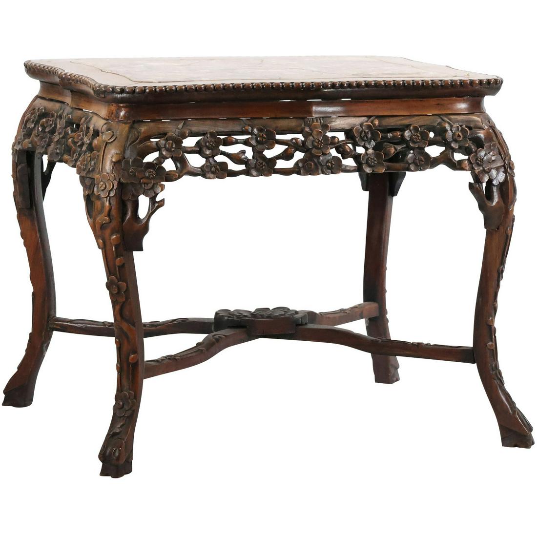 Antique Carved Chinese Low Table Stand with Inset Rose Marble (1 of 11)