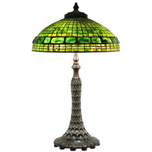 Tiffany Studios New York Green Leaded Glass Turtleback 20 inch Shade Table Lamp: Tiffany Studios New York Green Leaded Glass Turtleback 20 inch diameter Shade Table Lamp. Bronze Base. Signed Shade and Base. Good patina finish. Shade is signed and numbered: Tiffany Studios New York