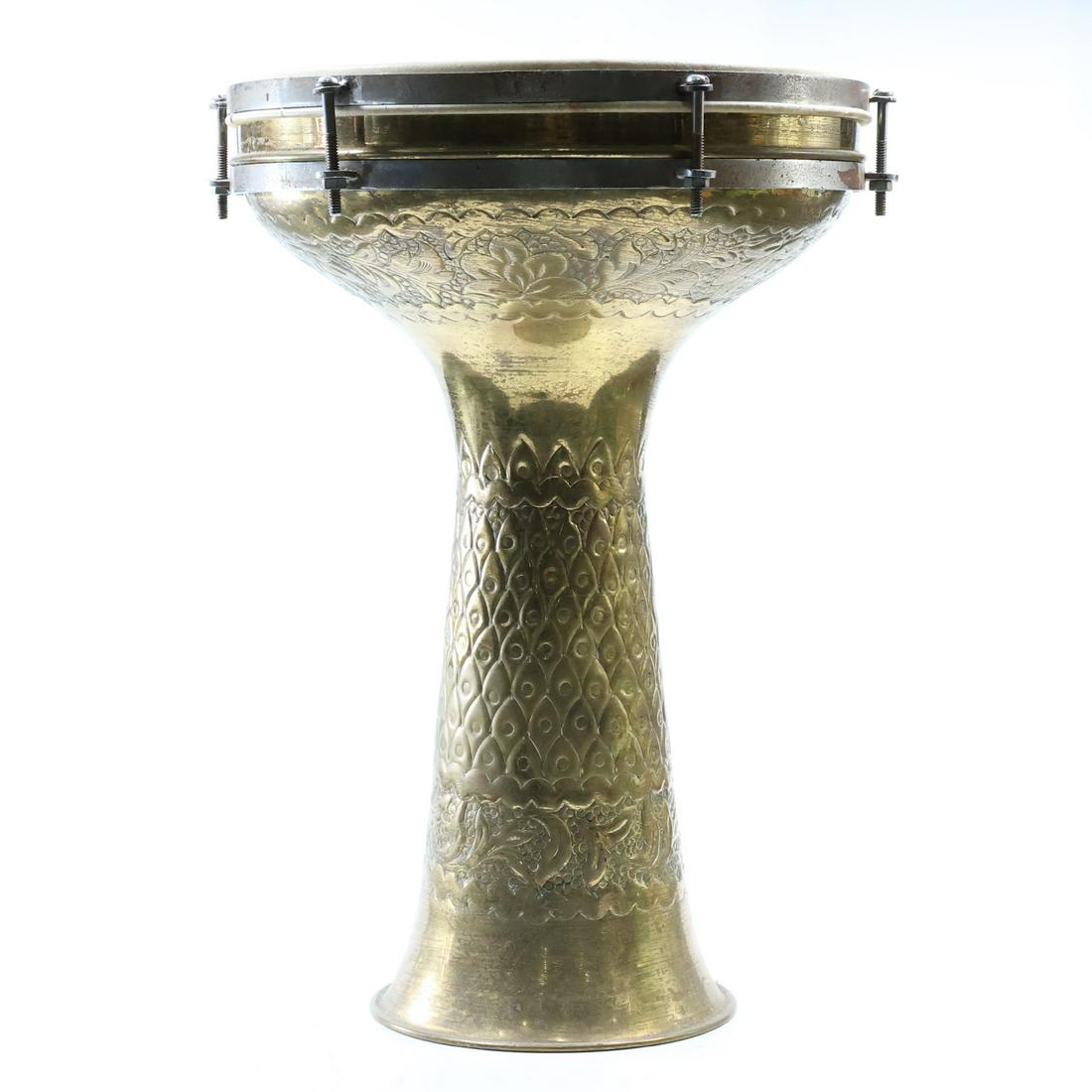Tooled Brass Decorated Doumbek Percussionist Drum: Tooled Brass Decorated Doumbek Percussionist Drum. size: 17.25 x 10