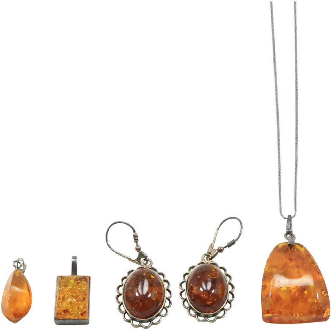 Group Lot: .925 Sterling Amber Pendant Necklace; Sterling & Amber Earrings; 2 Amber Pendants (1 of 13)
