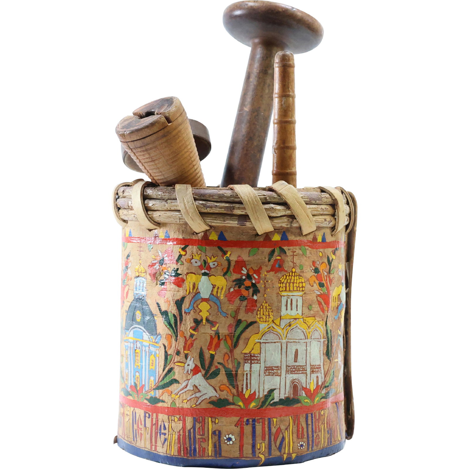 Painted Decorated Bark Bucket with Assorted Loom Tools (1 of 11)