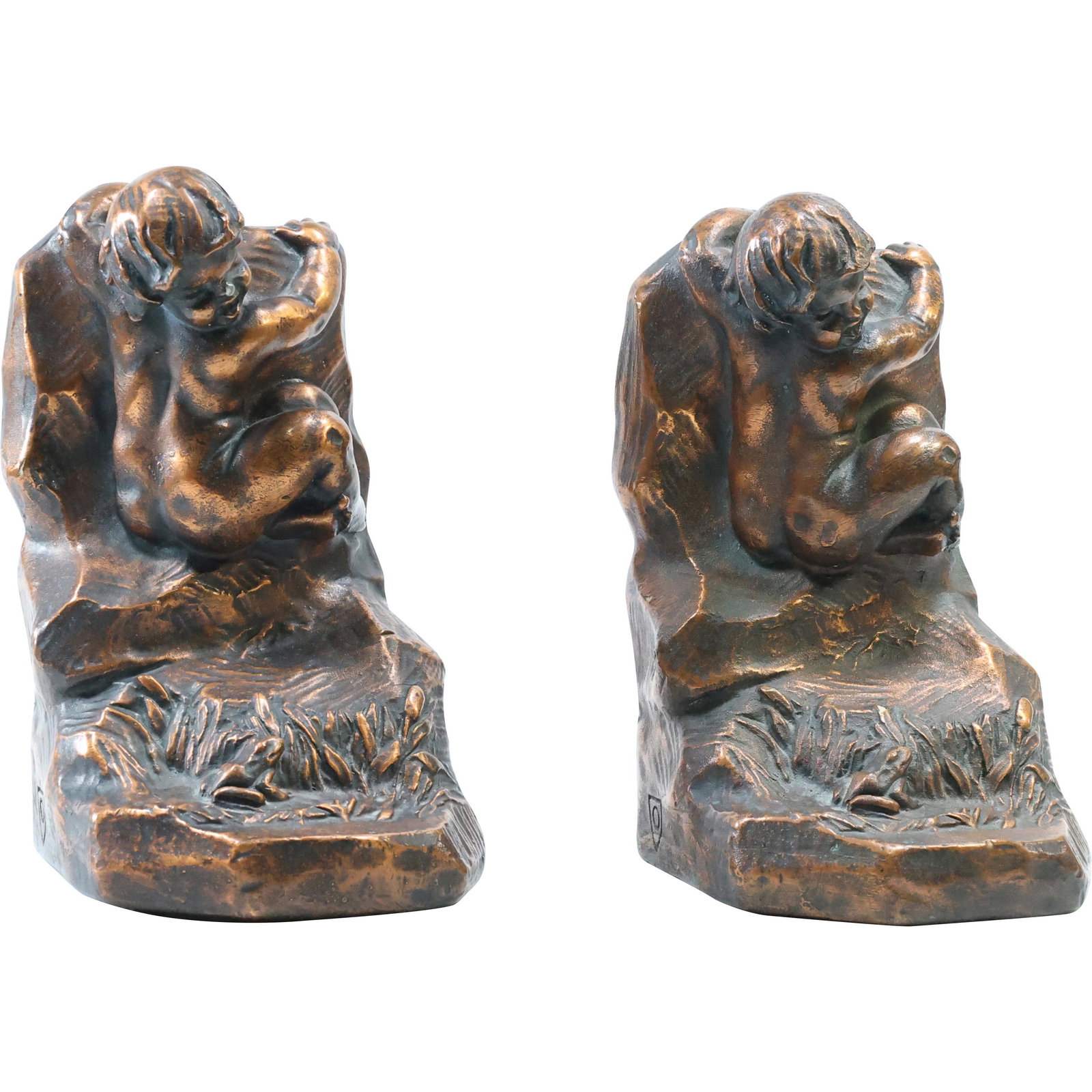 Salvatore Morani 1915, Bronze Clad Bookends Child Jumping to Safety From a Frog: Salvatore Morani 1915, Bronze Clad Bookends Child Jumping to Safety From a Frog. Original patina finish, Signed and dated. size: 7 x 4.5 x 4.75. ASKart: Salvatore Morani (early 20th century) was activ