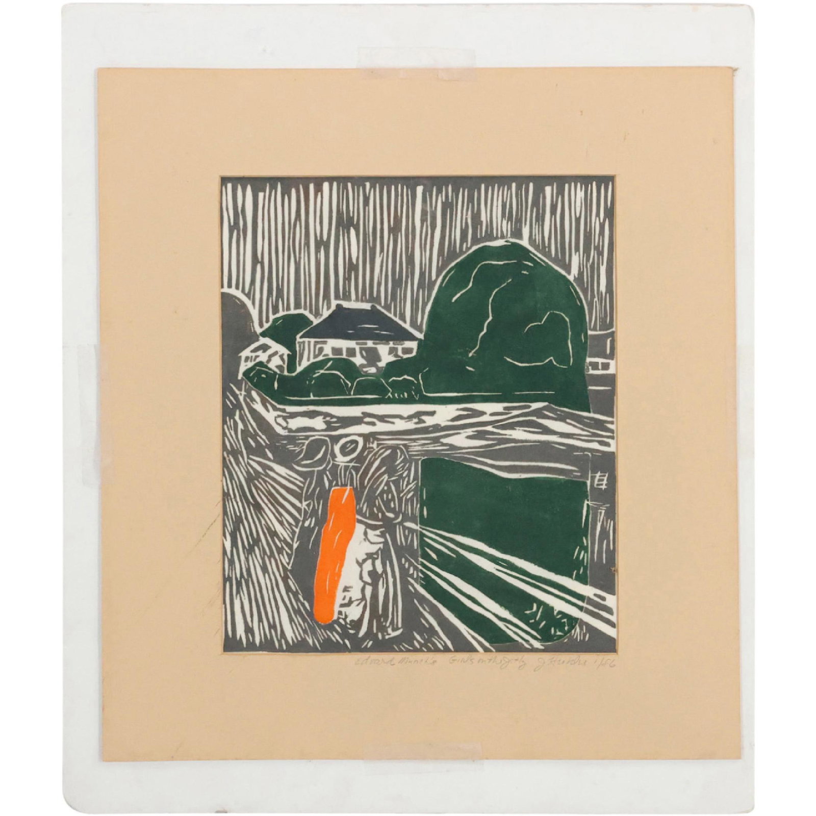 Woodblock Edvard Munch's Girls on the Jetty #1/86 J Heckles Pencil Signed: Woodblock Edvard Munch's Girls on the Jetty #1/86 J Heckles Pencil Signed. size: 11.25 x 9 matte, 19 x 16 outside cardboard