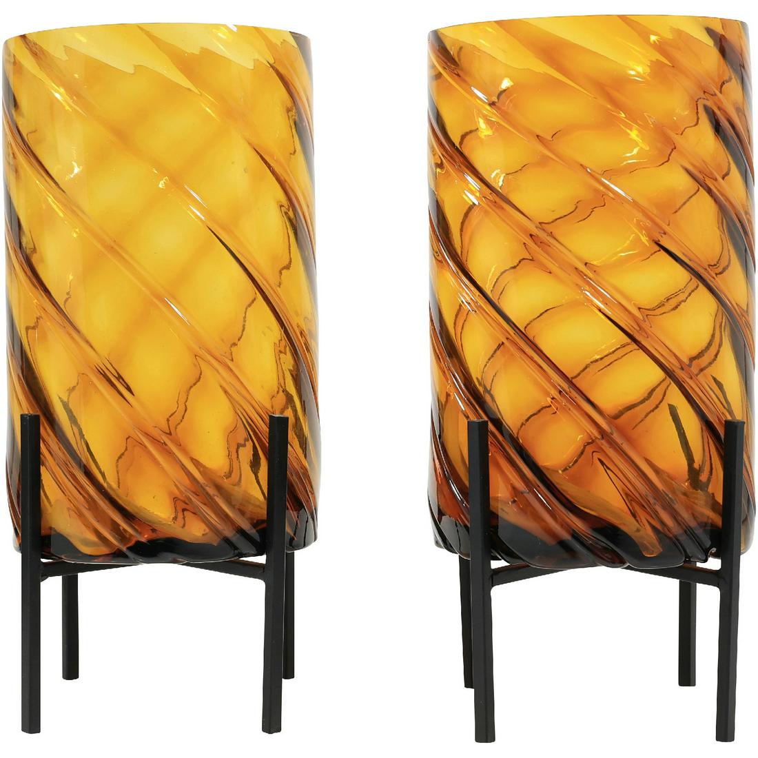 [2] Amber Glass Cylindrical Vases in Metal Stands (1 of 14)
