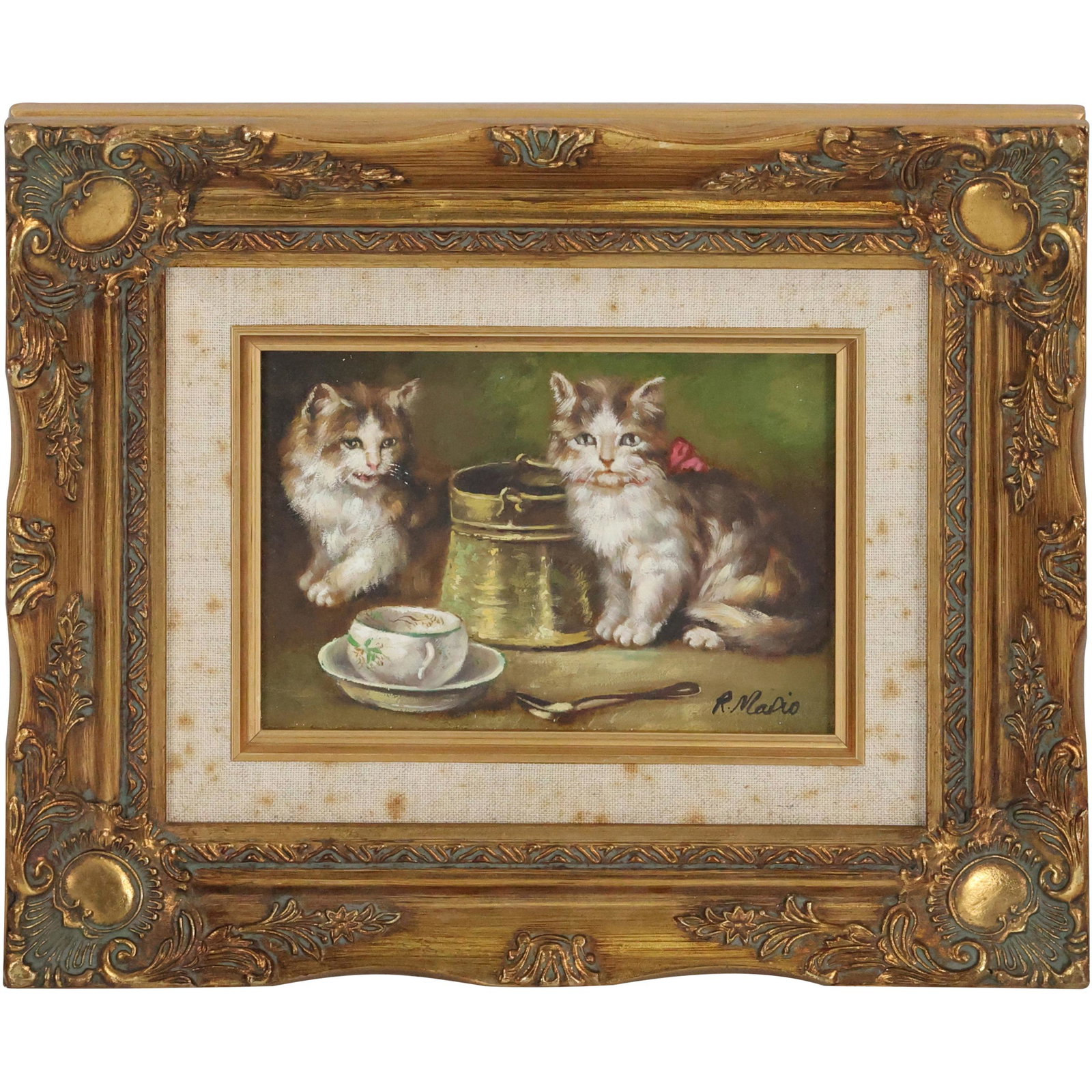 Signed R Mario, Fine 20th C. Oil Painting on Wood Panel CATS NEAR TEA CUP: Signed R Mario, Fine 20th C. Oil Painting on Wood Panel CATS NEAR TEA CUP. Quality gold framing. size: 5 x 7, 10.25 x 12.25 outside frame