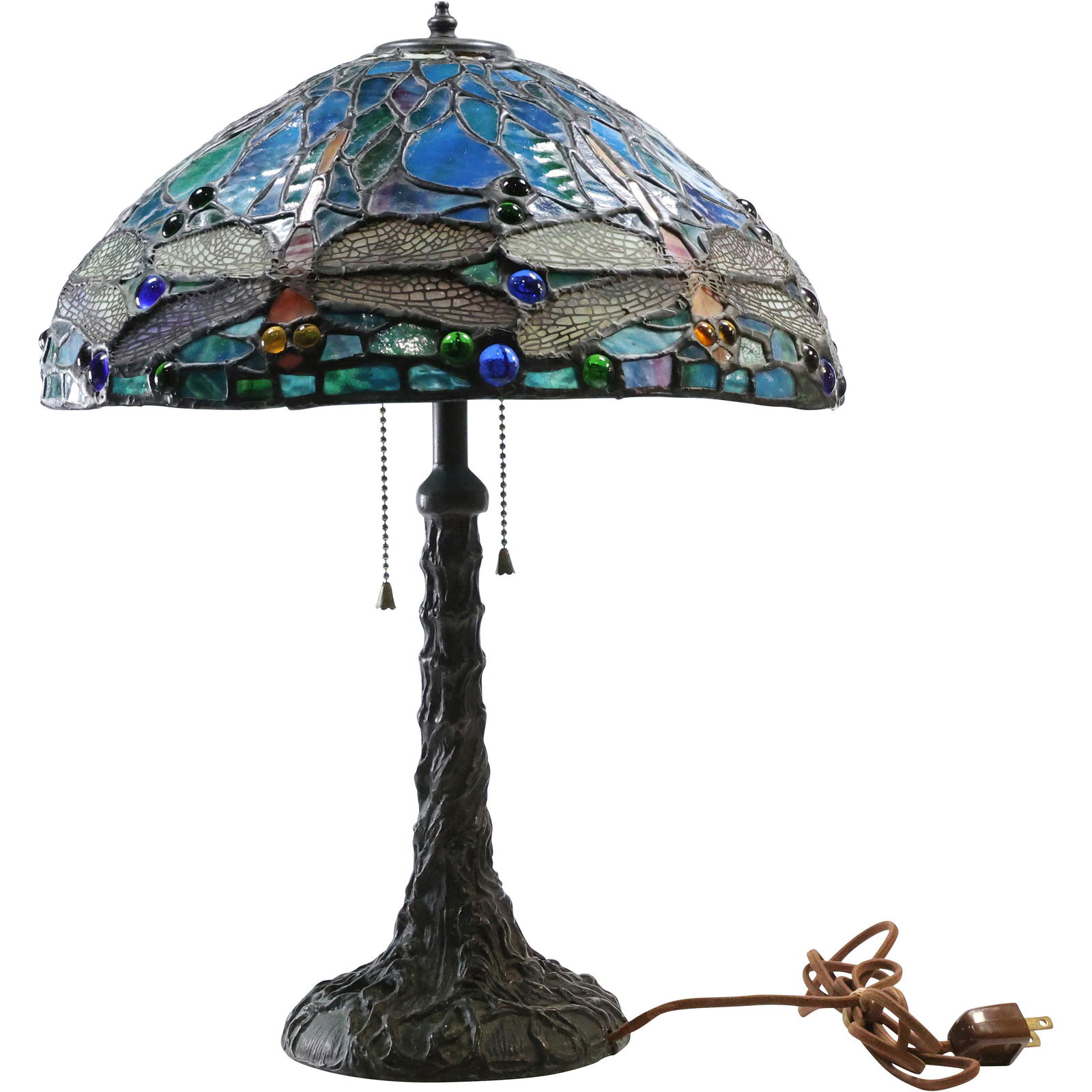 Tiffany Style Dragonfly Leaded Glass Table Lamp with Tree Trunk Base (1 of 17)