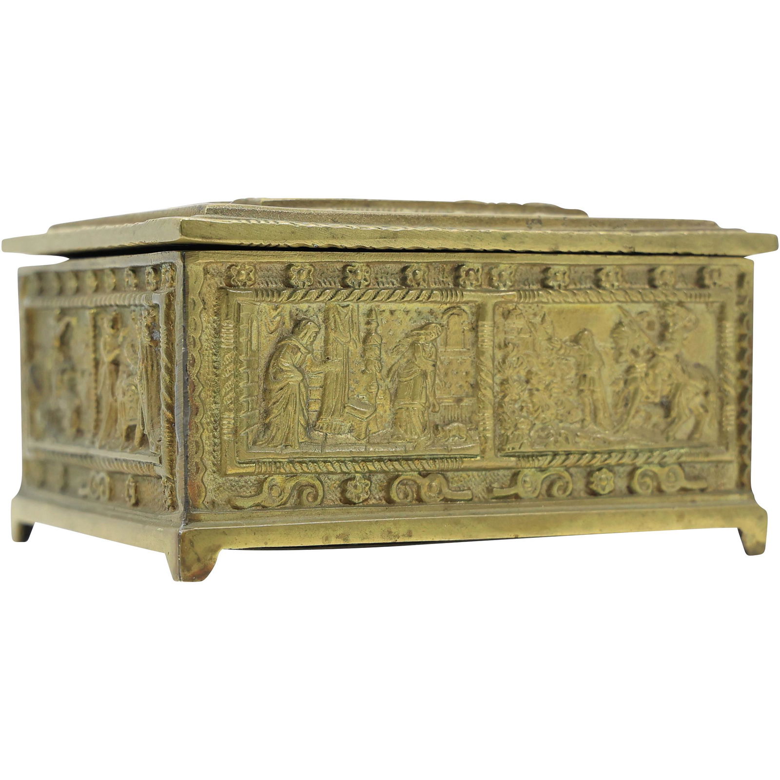 19th C. Bronze Jewelry Box Intricate Reposse Scenic Panels - Original Patina (1 of 17)