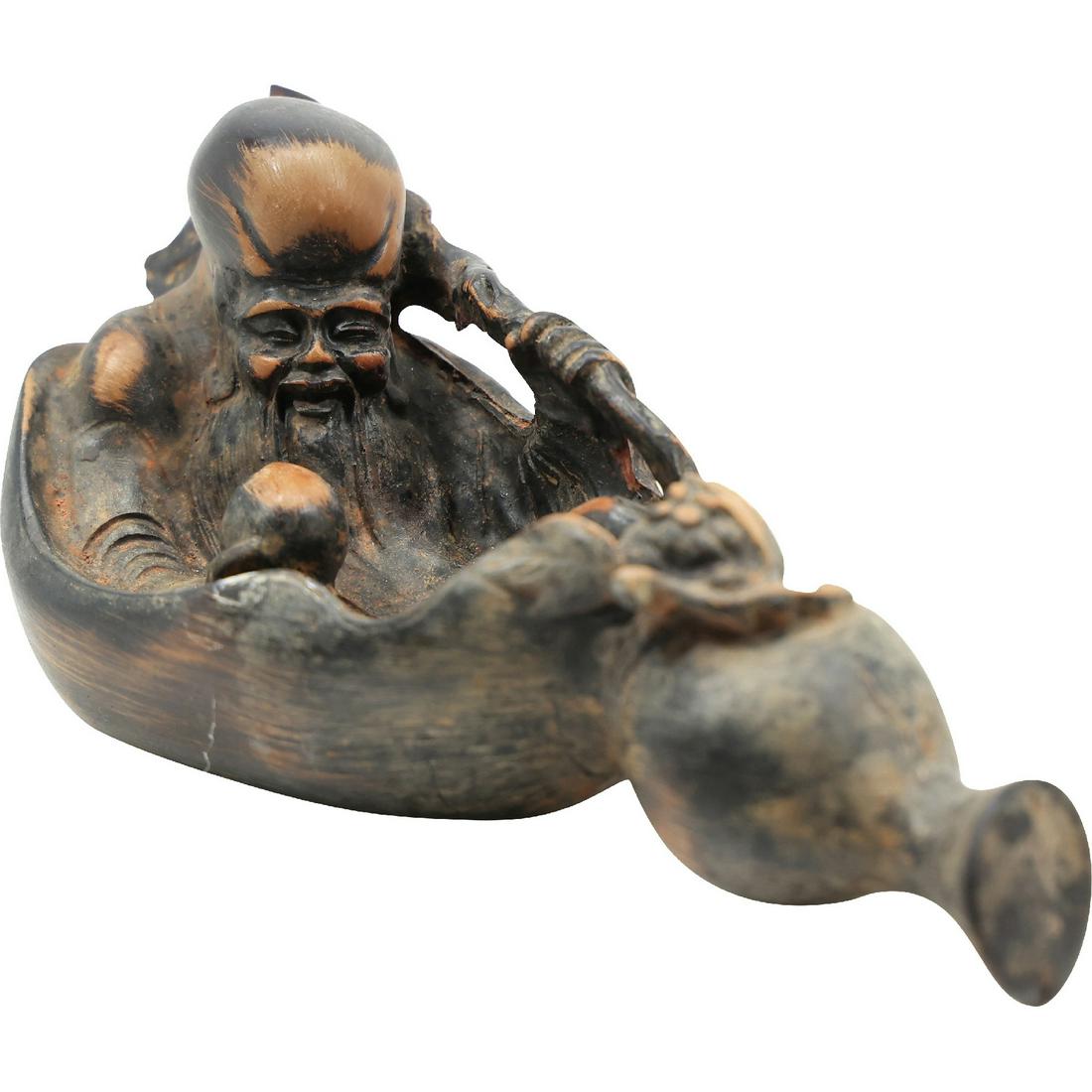 Antique Chinese Carved Wood Reclining Immortal Man - Original Patina: Antique Chinese Carved Wood Reclining Immortal Man - Original Patina. size: 3.5h 8.5w