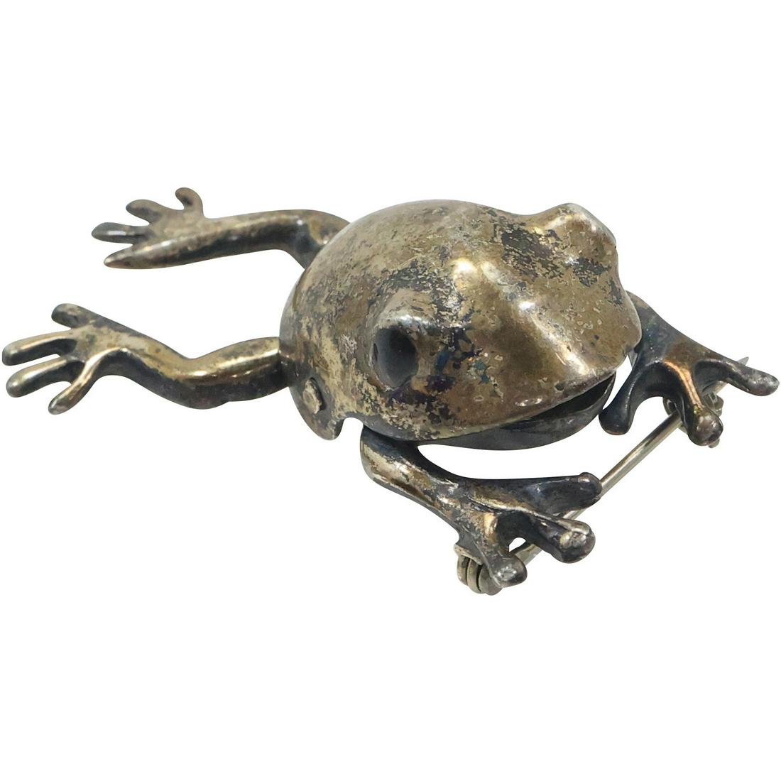 Sterling Silver Movable Legs Frog Pin with Black Onyx Eyes (1 of 12)