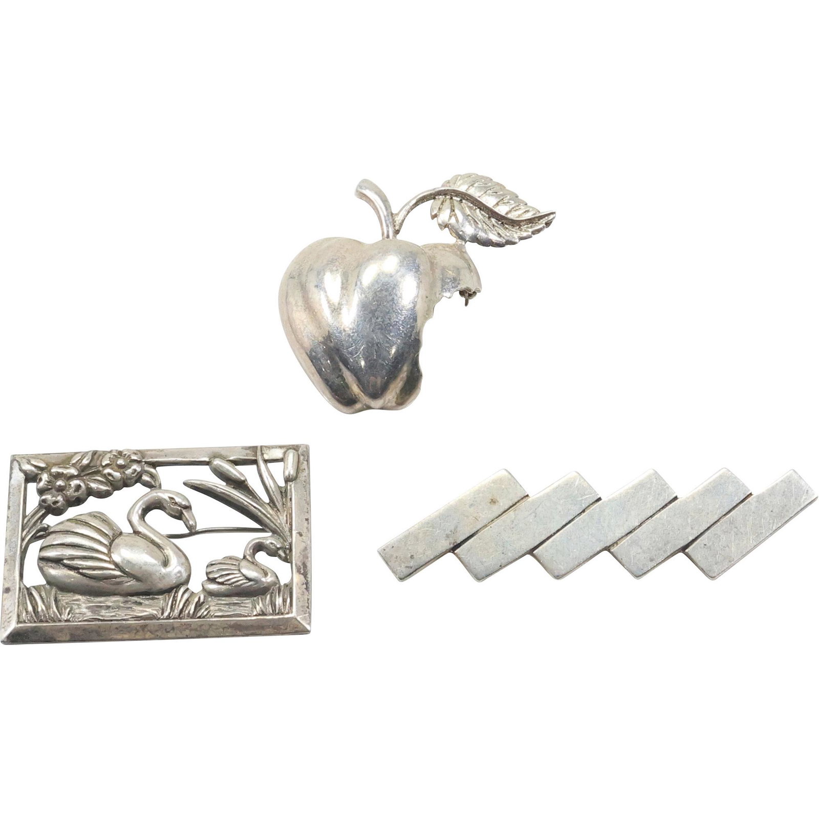 [3] Sterling Silver Coro Swan Pin; .925 Sterling Mexico Bite Out of Apple Pin, .925 Zig Zag Pin (1 of 20)