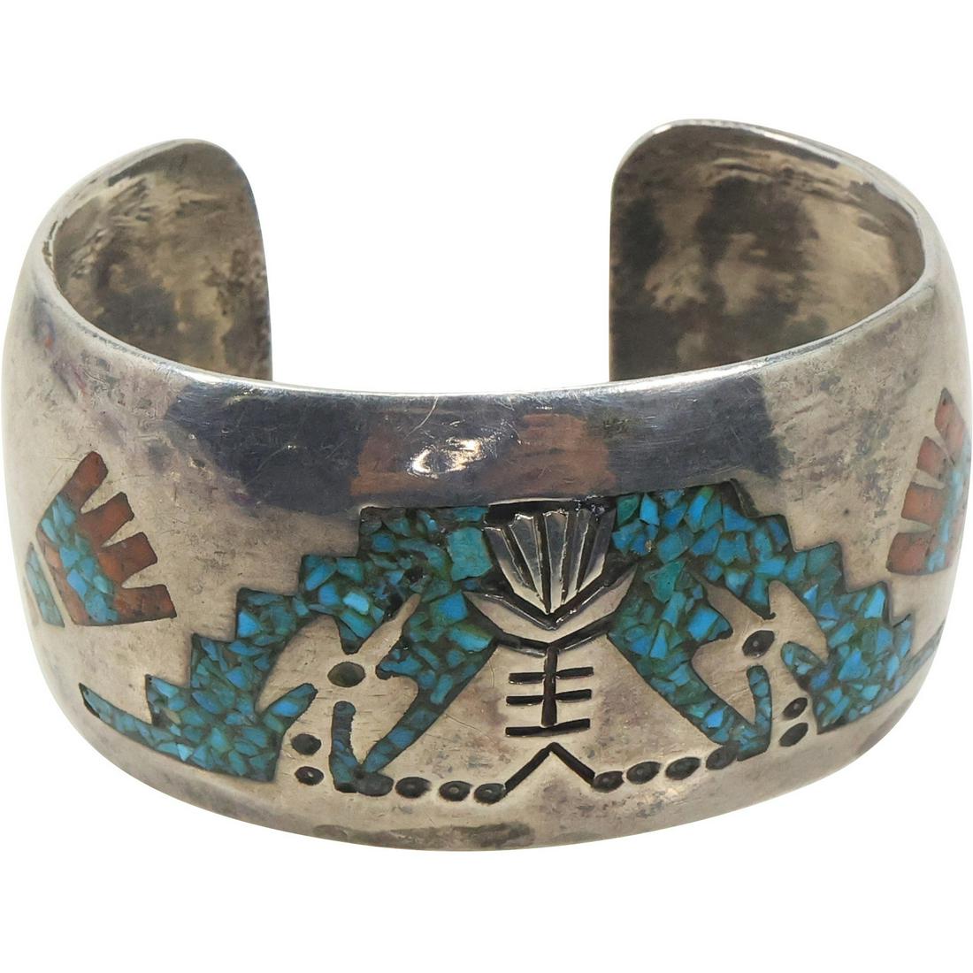 Sterling Silver and Turquoise Unsigned Manner of Carolyn Begay Kokopelli Inlay Cuff Bracelet (1 of 12)