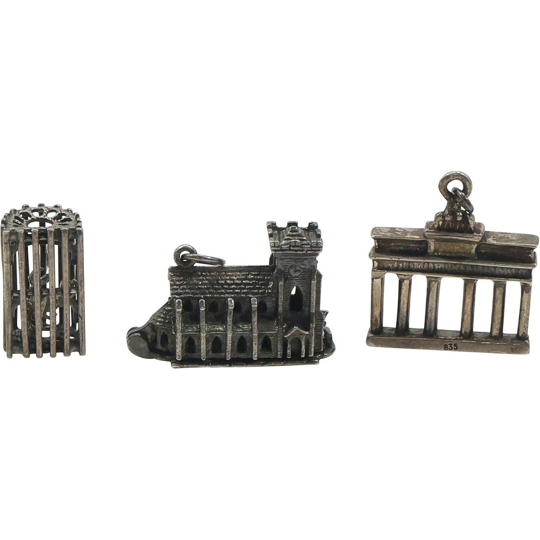 [3] Sterling Silver Charms: Hidden Inside Church, Lobster Trap, Berlin Ruins Wall [marked 835] (1 of 15)