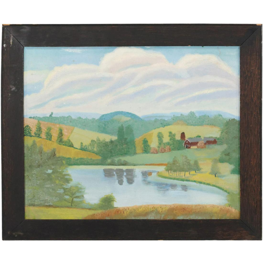 Vintage "Farm on Rolling Hills Landscape with Lake" Oil on Canvas Painting (1 of 11)