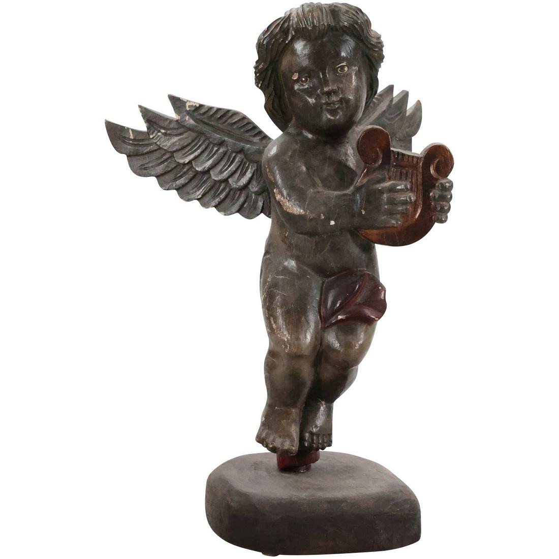 19th C Carved Wood Angel Holding a Harp Mounted on a Base: 19th C Carved Wood Angel Holding a Harp Mounted on a Base. p> size: 21 x 14.5