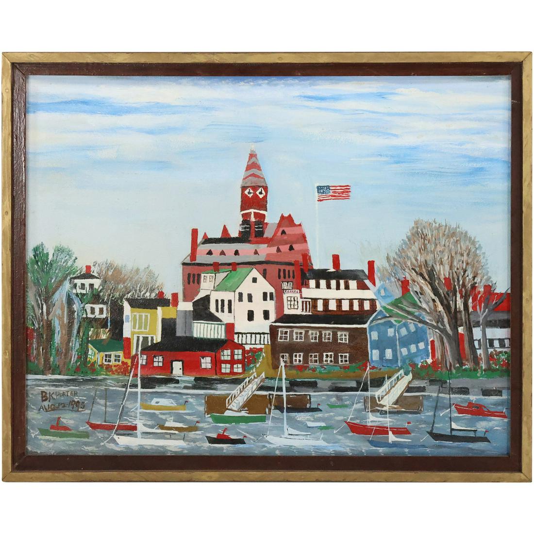 Signed B K Porter, Oil on Canvas Painting New England Coastal Village with Boats (1 of 12)
