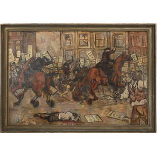 Arthur Smith 1939, Oil on Board Painting RIOT AT UNION SQUARE, Signed, Framed: Arthur Smith 1939, Oil on Board Painting RIOT AT UNION SQUARE, Signed, Framed. Well Listed American Artist. size: 29.75 x 43.5, 33.25 x 47.25 outside frame. ASKart: Arthur Smith (1897 - 1972) was acti