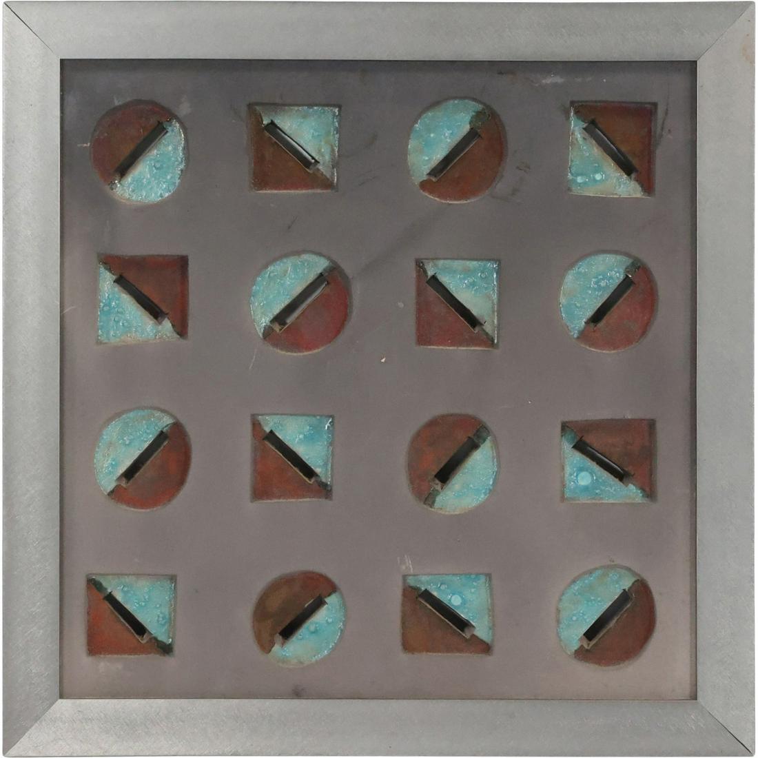 Mid-Century Modern Metal Abstract Wall Sculpture: Mid-Century Modern Metal Abstract Wall Sculpture. size: 10.75 x 10.75, 11.75 x 11.75 outside frame