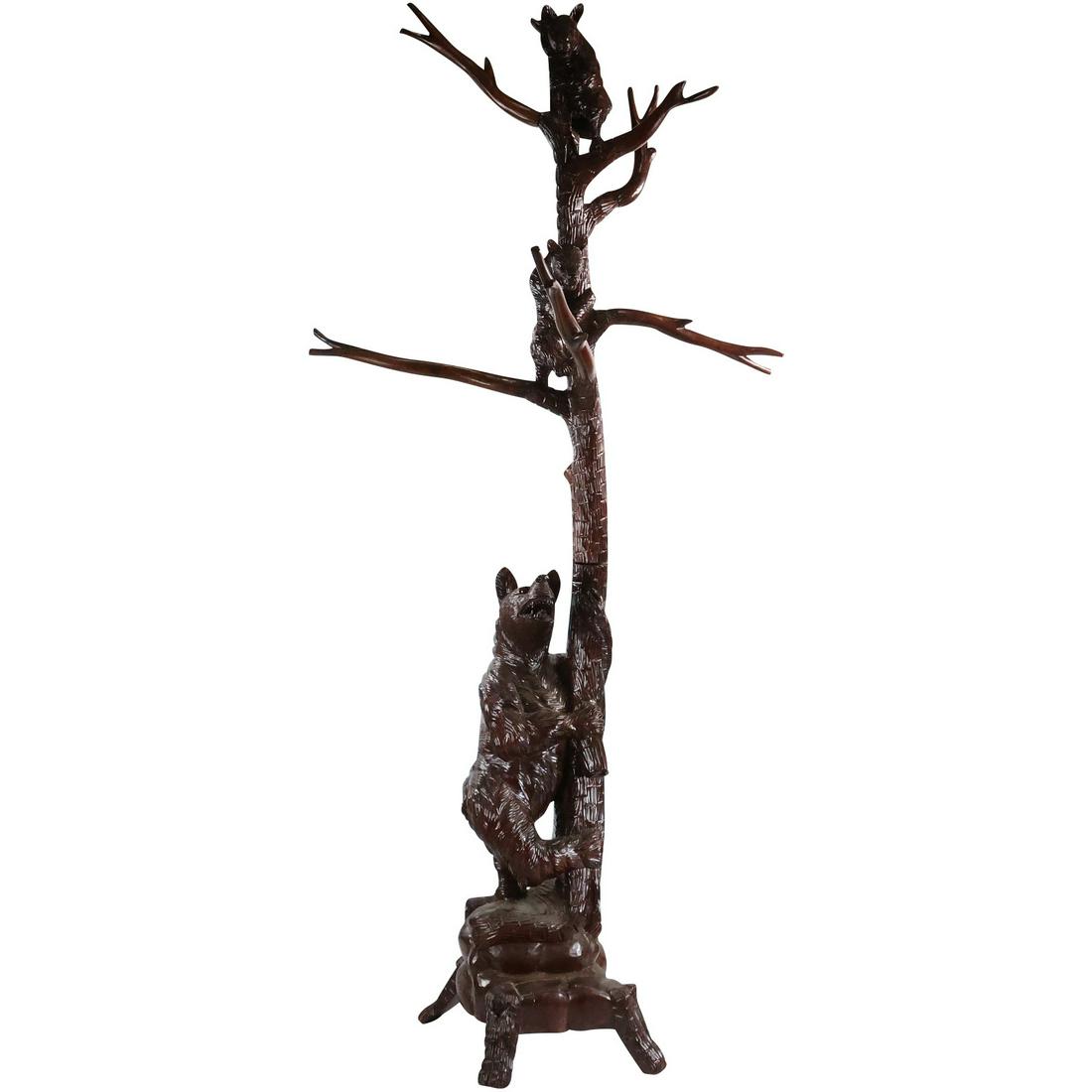 Black Forest Style Carved Wood Bears Climbing on a Tree Post Coat Rack (1 of 17)
