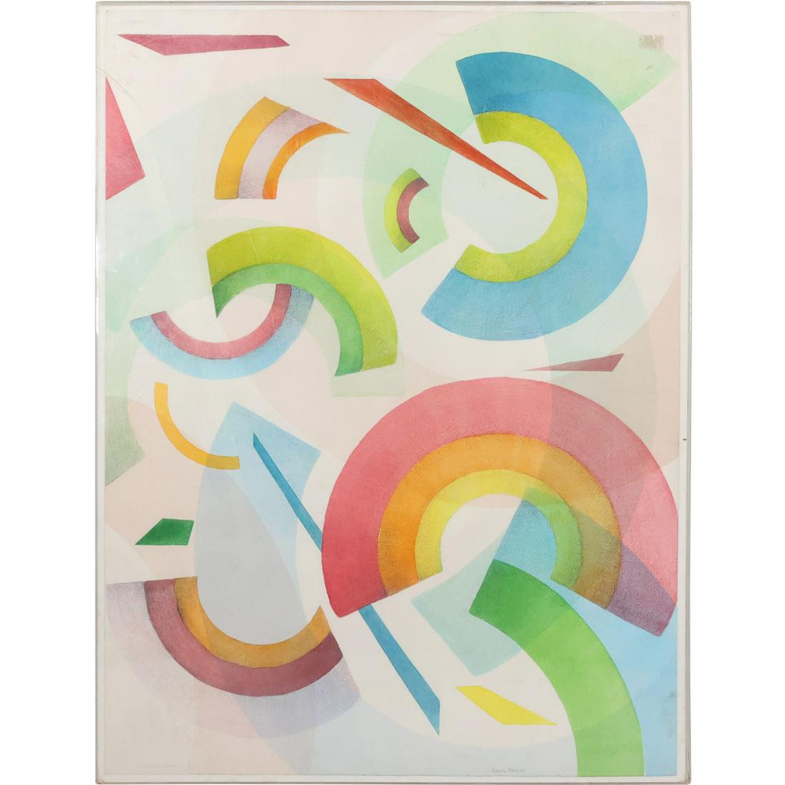 Laura Meyers after Delaunay Colorful Abstract Half Circles Composition, Label on Verso (1 of 13)