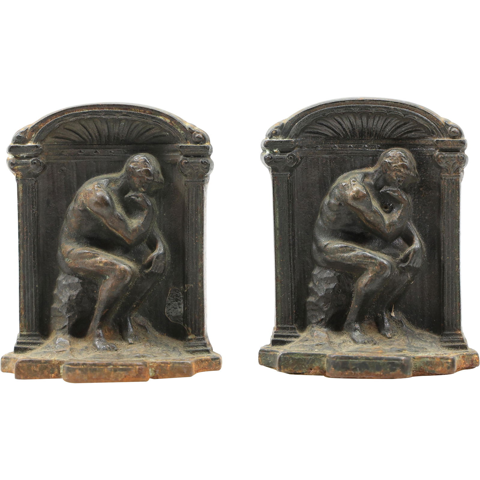 Circa 1920s Cast Iron Bookends Seated Nude Male "The Thinker": Circa 1920s Cast Iron Bookends Seated Nude Male "The Thinker". size: 5.25h 4.25w