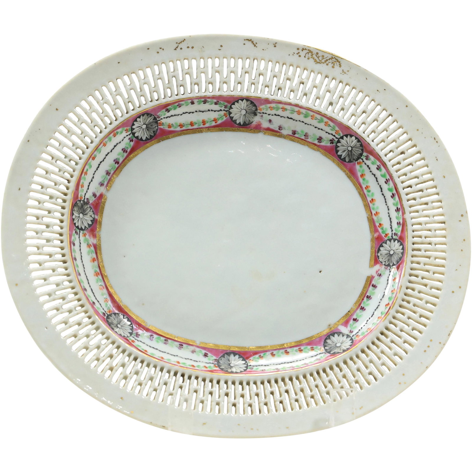 Antique Soft Paste Porcelain Oval Platter with Reticulated Rim (1 of 20)