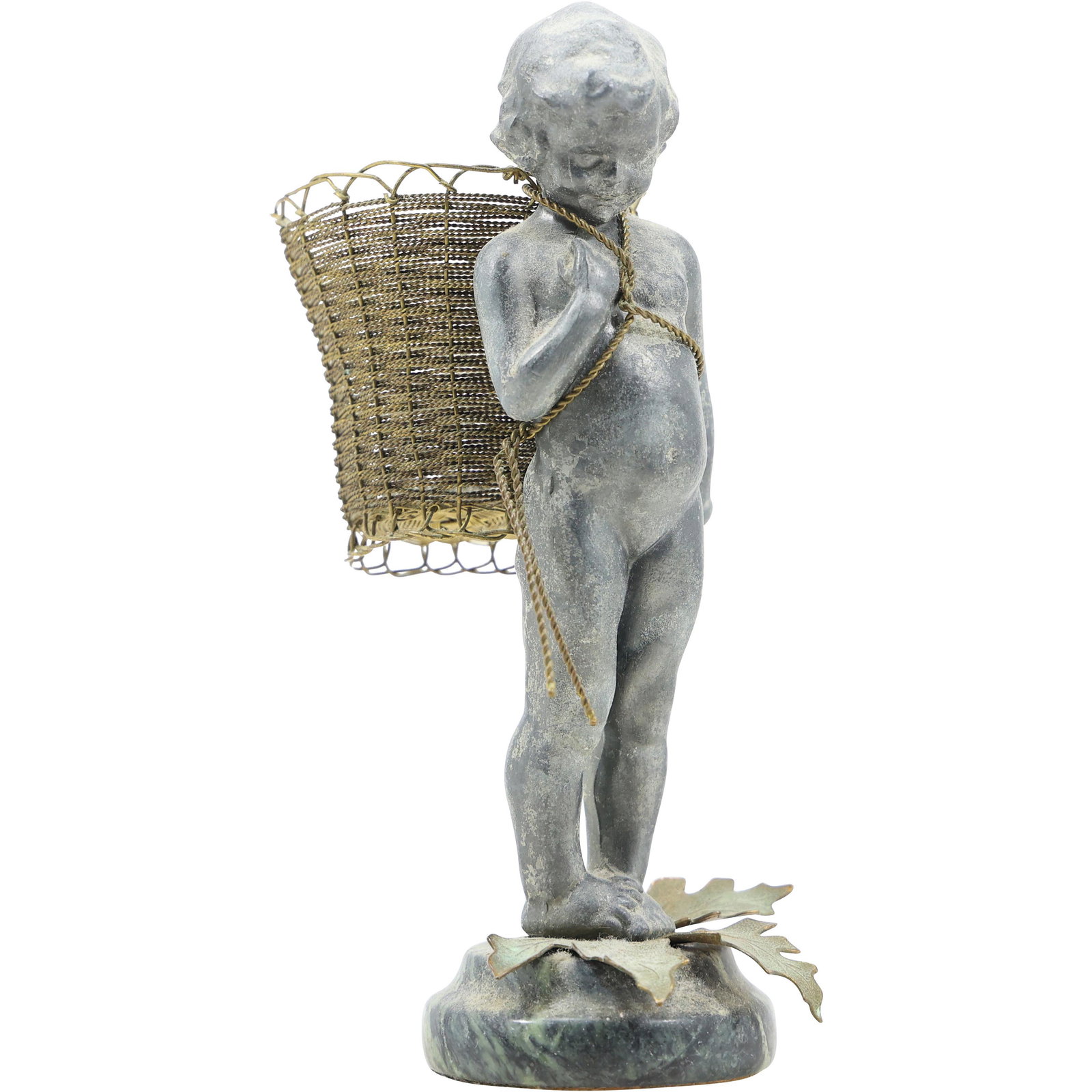 Cast Metal Nude Child Carrying Wire Basket on Back: Cast Metal Nude Child Carrying Wire Basket on Back. size: 7.5h 4.25w