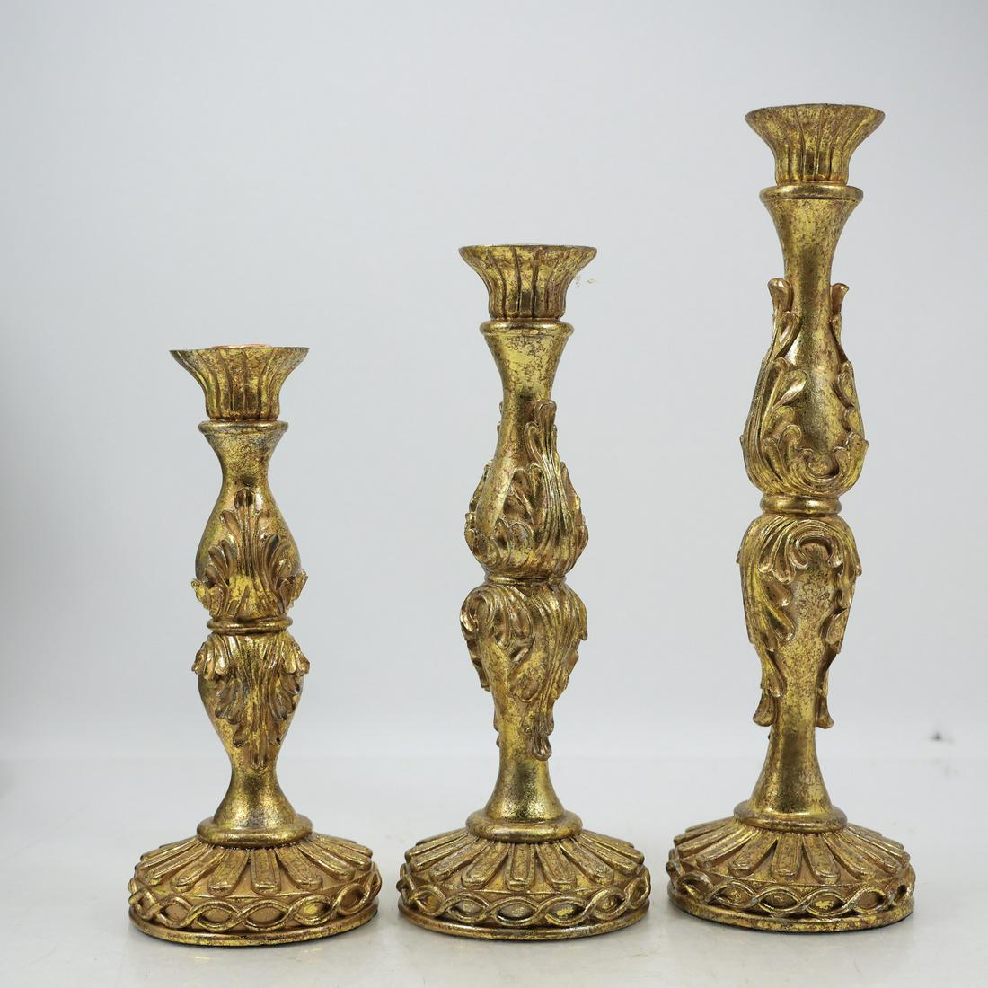 [3] Decorative Graduated Size Brass Tone Candlesticks in Hard Composition (1 of 18)