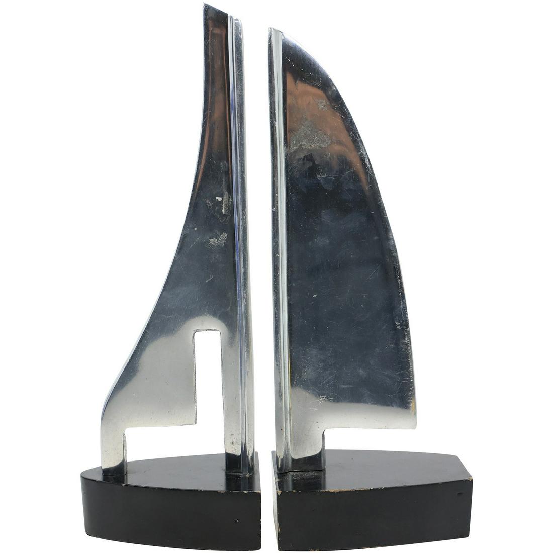Mid-Century Modern Polished ALUMINUM SAILBOAT BOOKENDS: Mid-Century Modern Polished ALUMINUM SAILBOAT BOOKENDS. size: 12 12.5h 4.5w