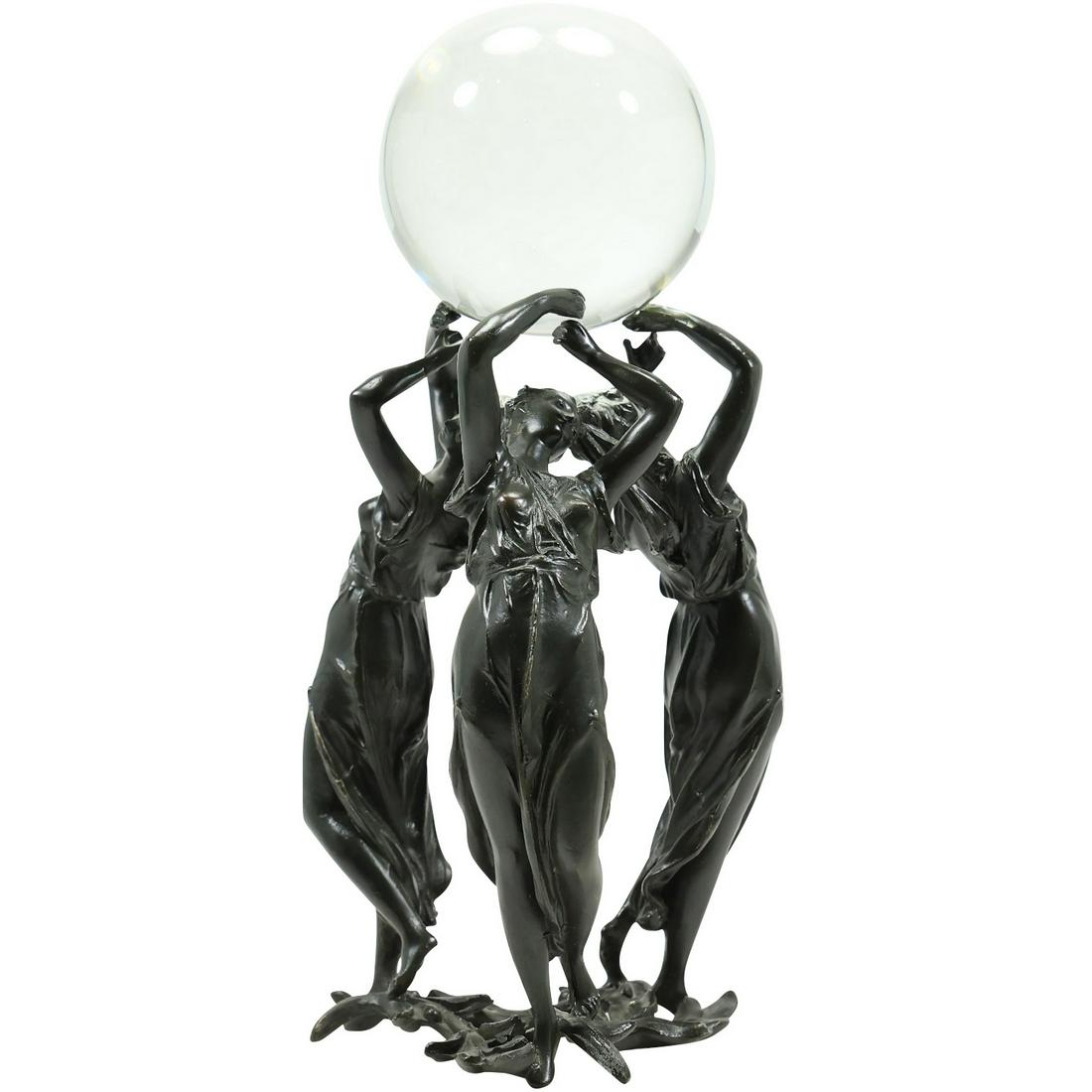 Cast Metal Three Maidens Holding a Crystal Glass Witches Gazing Ball 12.5 in. height (1 of 16)