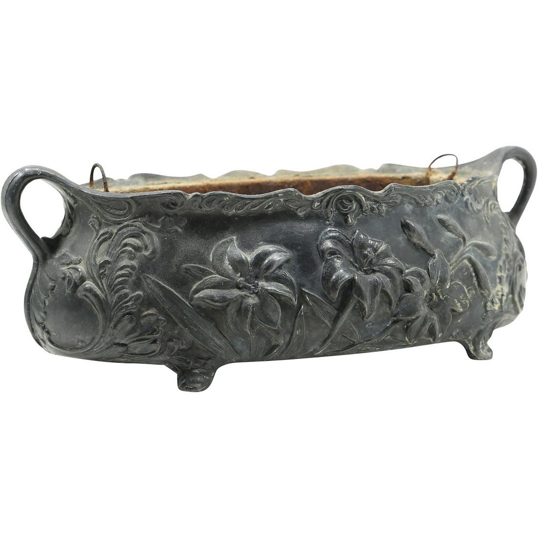 Vintage Cast Metal Oval Planter with Embossed Flowers, Inner Liner, marked B&W on base (1 of 20)