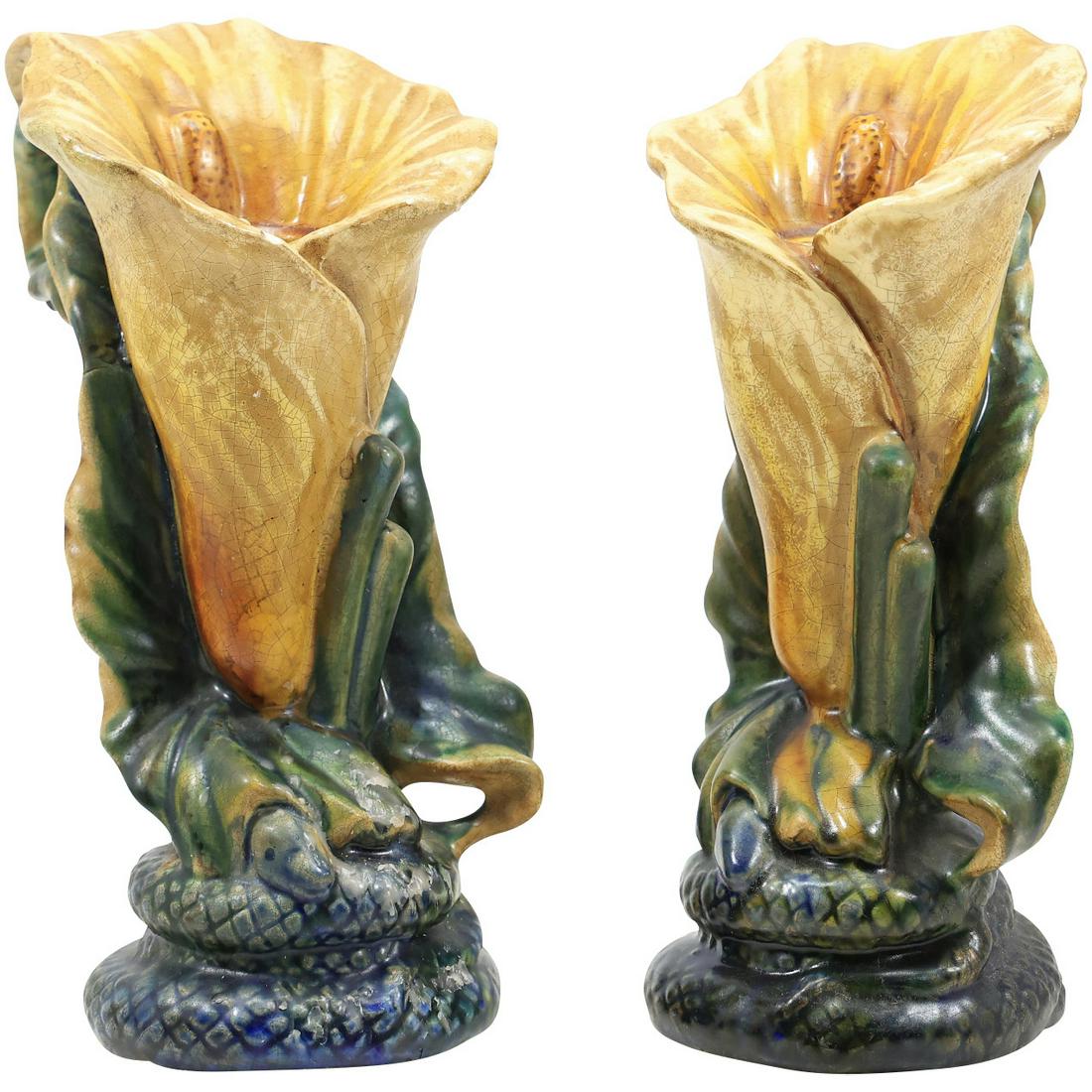 [2] Majolica Pottery Calla Lily Figurative Candlesticks (1 of 20)