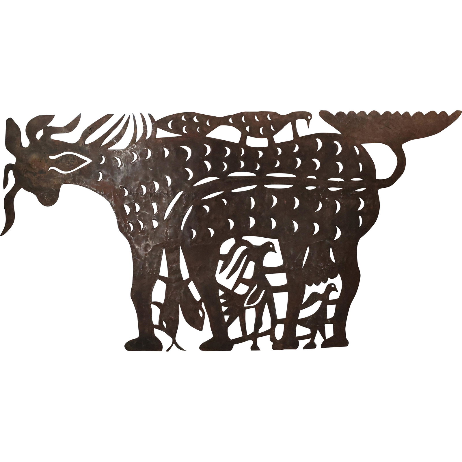 Vintage Haitian Sculpted Steel Wall Plaque Animal and Birds: Vintage Haitian Sculpted Steel Wall Plaque Animal and Birds. size: 34 x 66