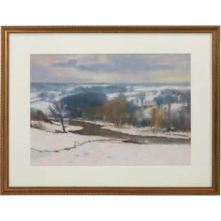 John H. Twachtman; American Pastel Winter Landscape Signed: John Henry Twachtman(1853-1902) pastel on paper. Winter Landscape. Signed lower right; 12in. X 16.5in.(image), 18in. X 23in.(framed)