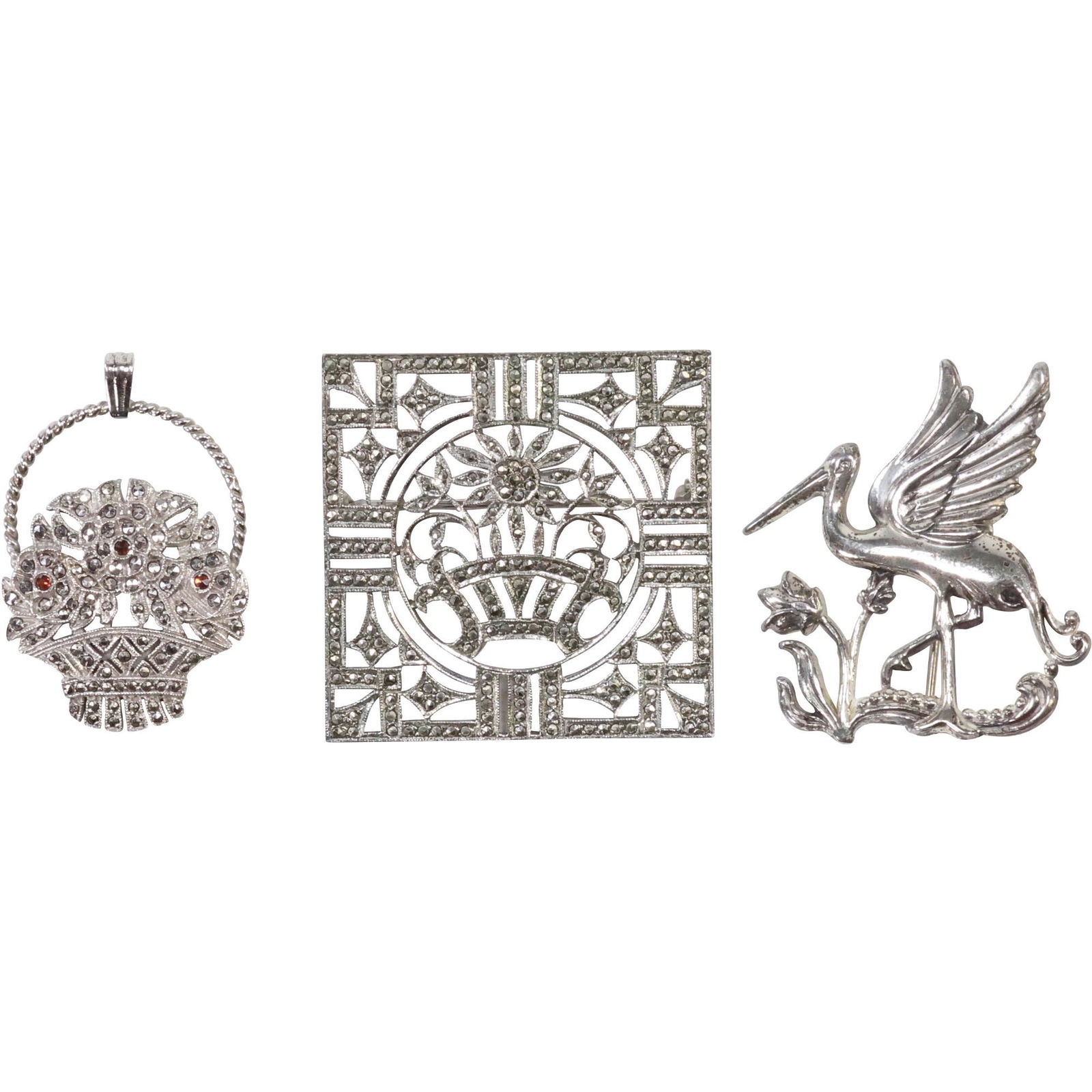 [3] Sterling Silver Marcasites Garnets Basket Pendant; Sterling Coro Stork Pin; Sterling Square (1 of 17)