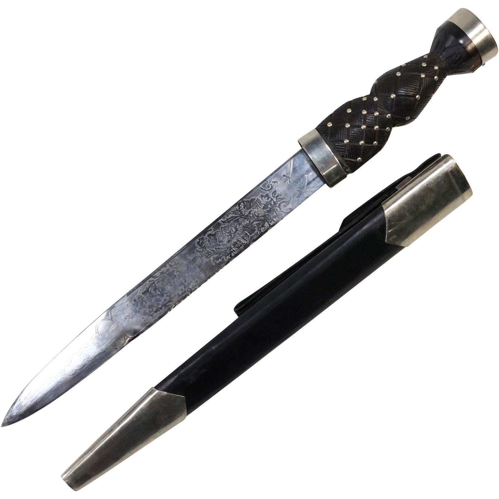 Engraved Dagger in Sheath Black Leather 18 1/2 in. length x 1 1/2 in. wide (1 of 14)
