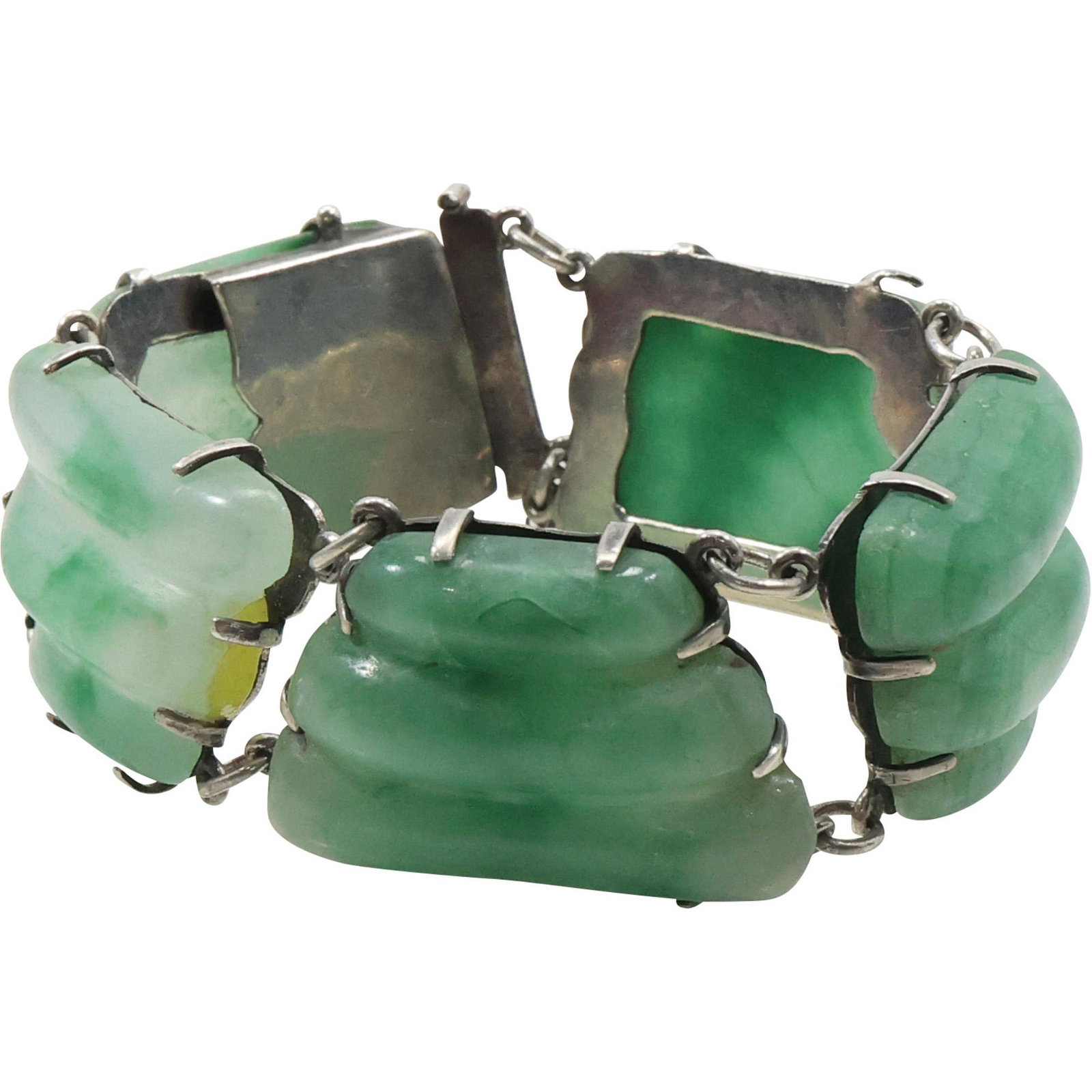 .925 Sterling Silver Green Jade Carved Panels Bracelet (1 of 10)