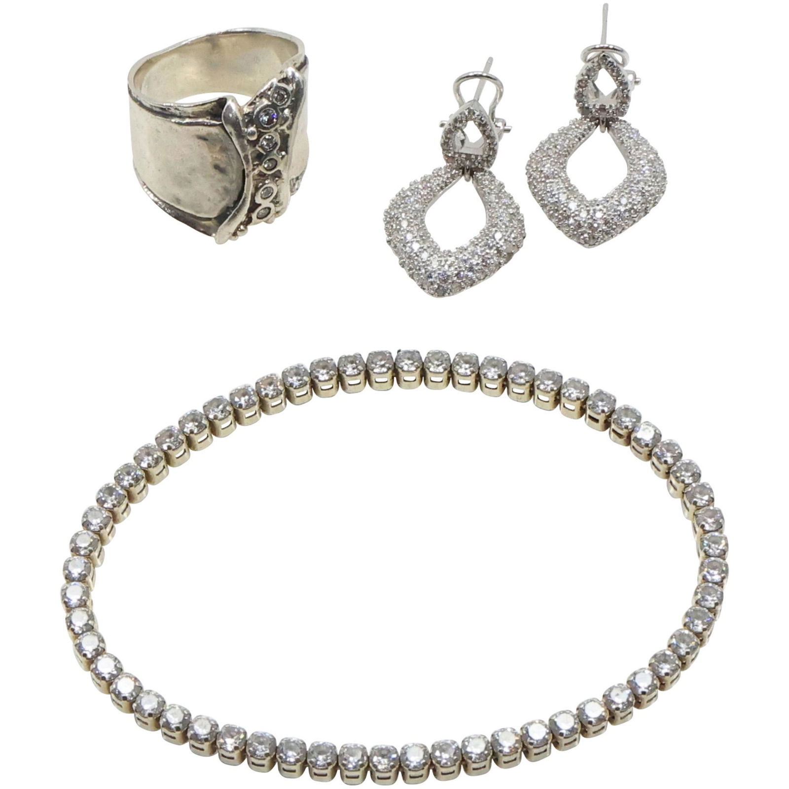 .925 Sterling Silver Modern Long CZ Band Ring Size 8; .925 CZ Earrings; .925 Milo Italy Bracelet (1 of 15)