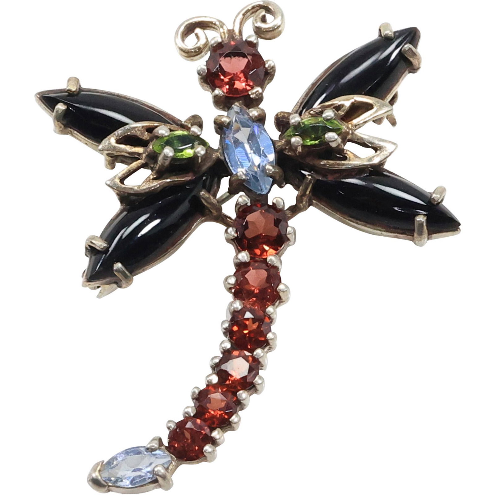 .925 Sterling Silver DRAGONFLY PIN Garnet, Peridot and Black Onyx 1 3/4 in. x 1 1/2 in. (1 of 11)