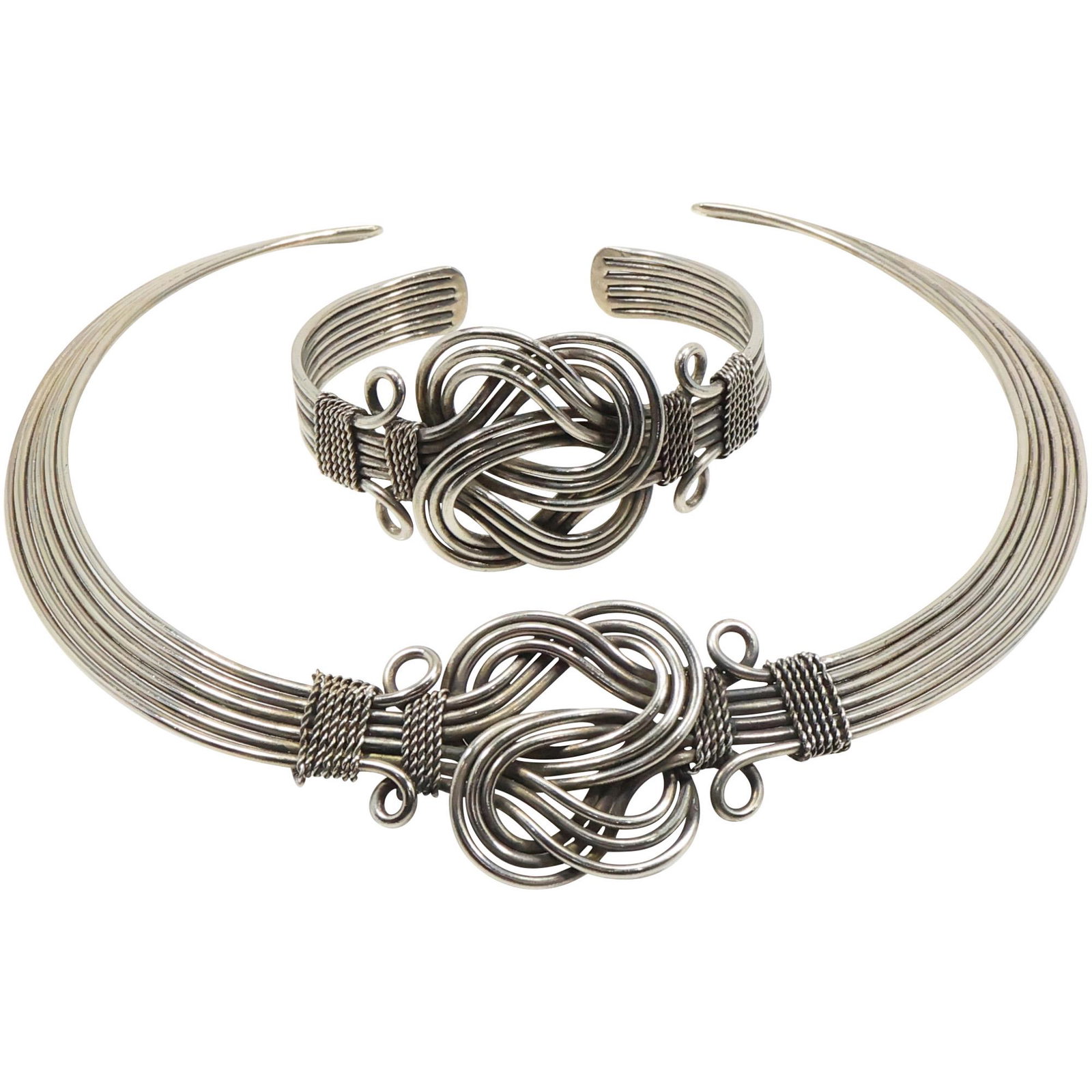Quality Costume Bracelet and Matching Silver Knot Collar Necklace: Quality Costume Bracelet 2 3/4 in. x 2 1/4 in. x 1 1/2 in. and Matching Silver Knot Collar Necklace 6 1/2 in. x 6 in. x 1 1/2 in.