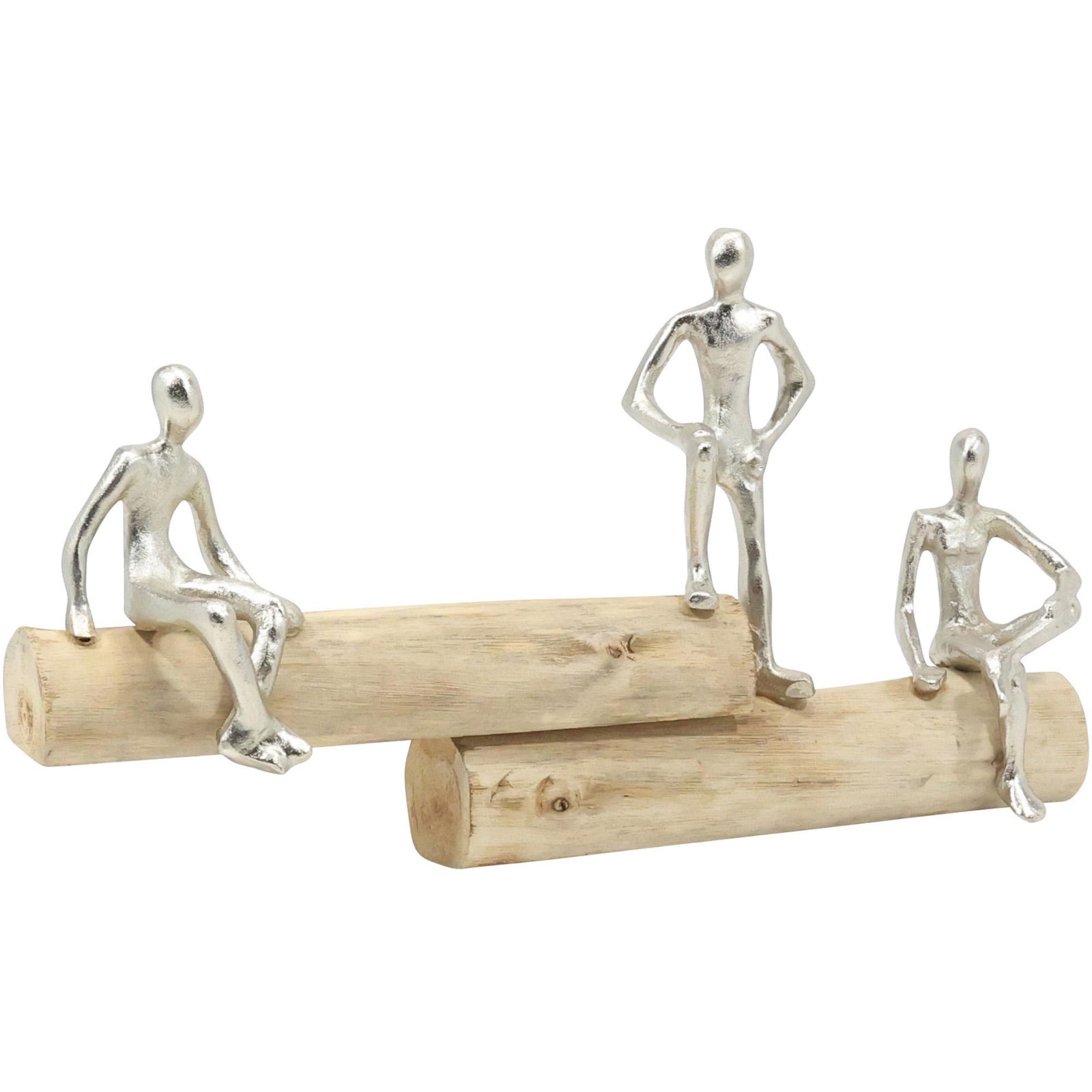 Mid-Century Modern Sculpture 3 Cast Metal Figures Posing on Wood Logs (1 of 14)