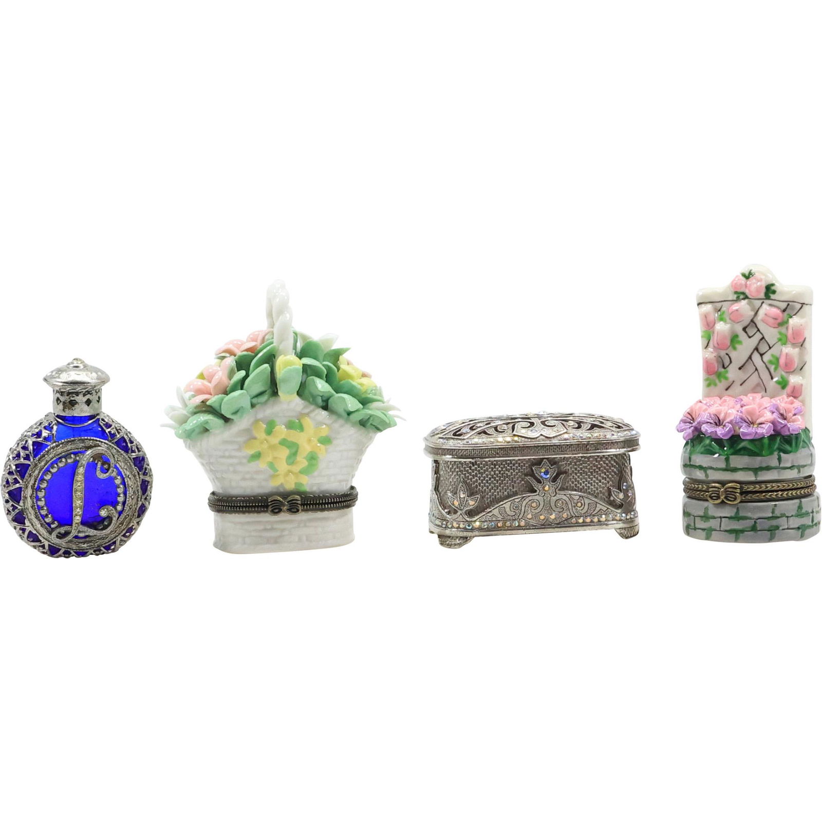 [4]  Dresser Top Accessories: Bottle Perfumer, Silver trinket box, Basket of Flowers trinket box, (1 of 19)