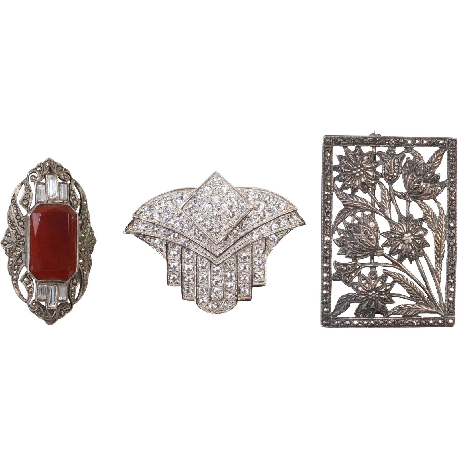 [3] Assorted Sterling Silver Marcasites Pins: Jema Stogle; Germany with Jasper , Crystals; Flower (1 of 10)