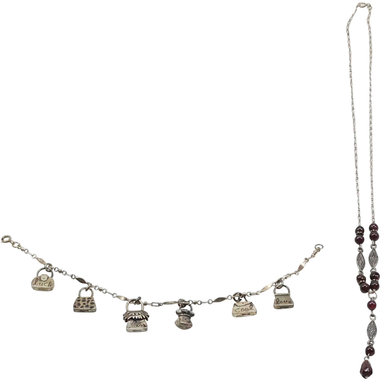 .925 Sterling Silver Dark Amber Beads Necklace & .925 Sterling Purse Charms Bracelet (1 of 13)