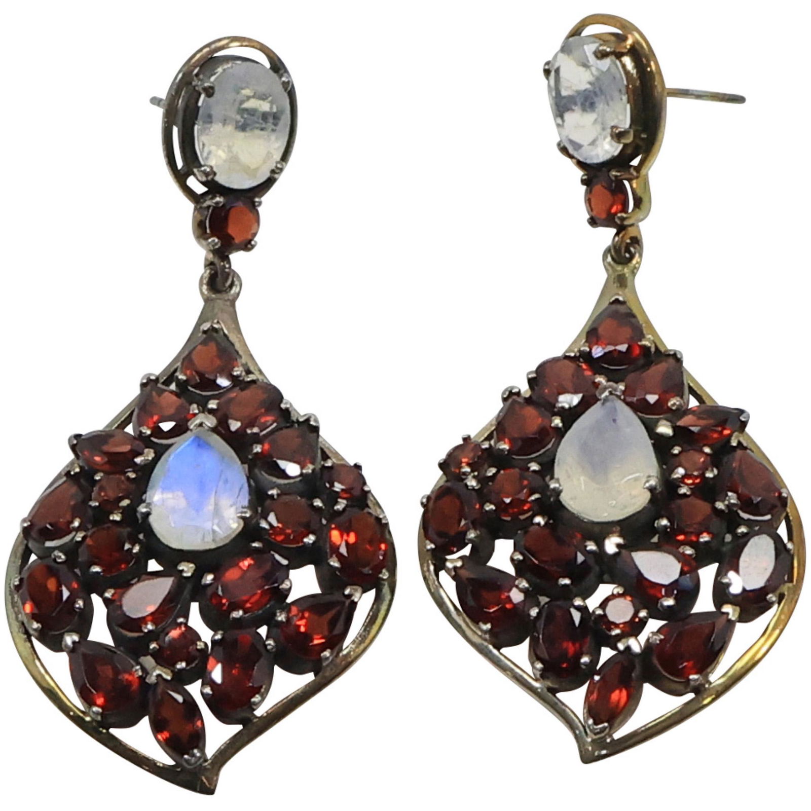 NB .925 Sterling Silver Garnets & Opalites Tear Drop with Stud Crystals Pierced Earrings (1 of 13)