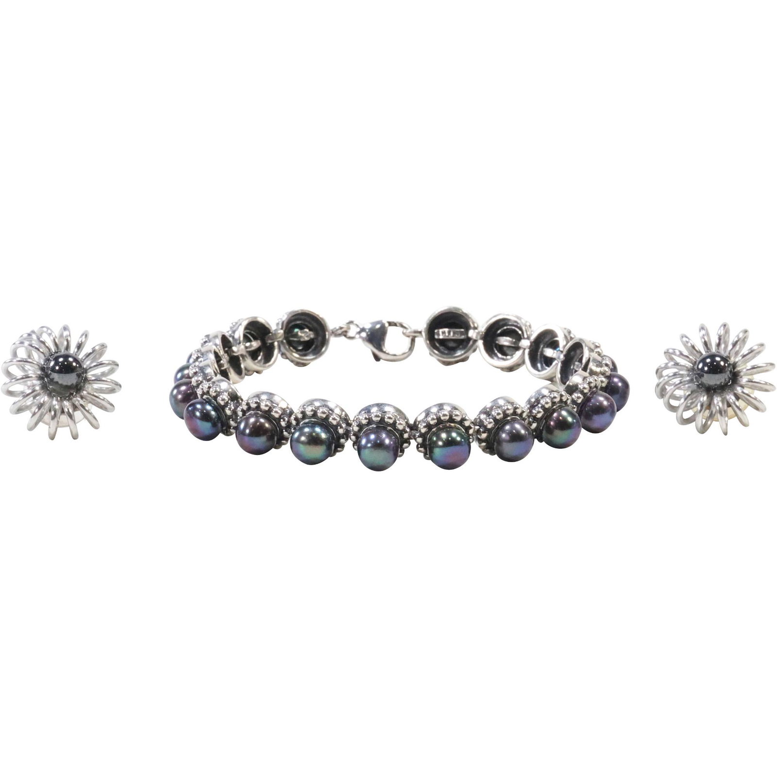 .925 Sterling Silver Tahitian Pearl Honora Bracelet & Sterling Tahitian Pierced Earrings: .925 Sterling Silver Tahitian Pearl Honora Bracelet & Sterling Tahitian Pierced Earrings 7/8 in. diameter.