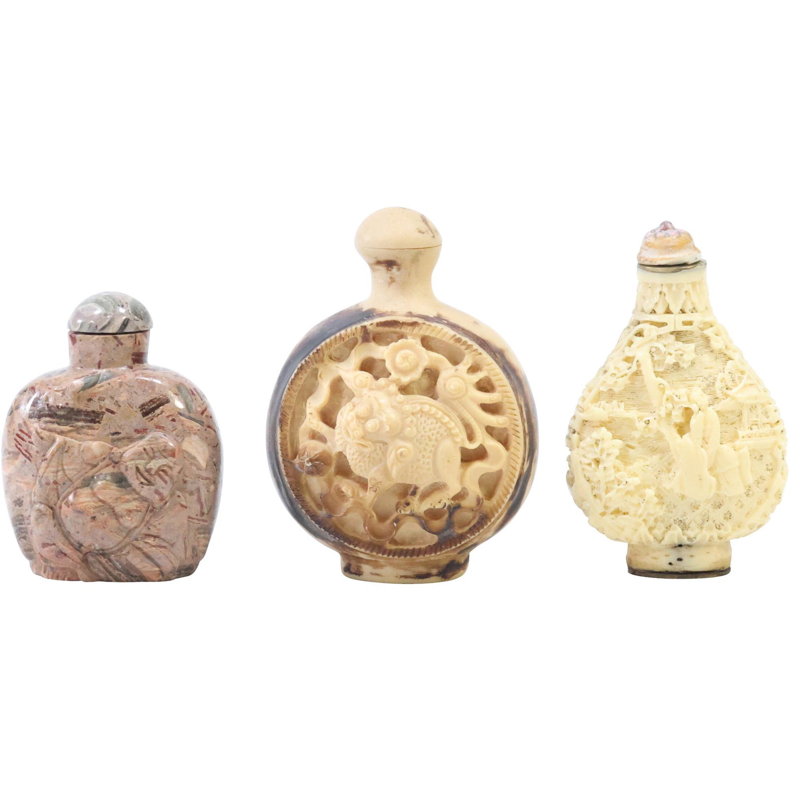 [3] Intricate Carved SNUFF BOTTLES: Buddha, Gargoyle, Figures: [3] Intricate Carved SNUFF BOTTLES: Buddha 2 1/4 in. x 1 3/4 in. , Gargoyle 3 in. x 2 1/4 in. , Figures 3 in. x 1 3/4 in.